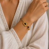 Bracelet chaine avec médaille rectangulaire pierre naturelle strass en acier inoxydable