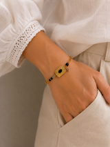 Bracelet chaine avec médaille rectangulaire pierre naturelle strass en acier inoxydable