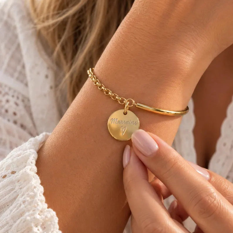 Bracelet demi jonc chaine médaille gravée personnalisé acier inoxydable