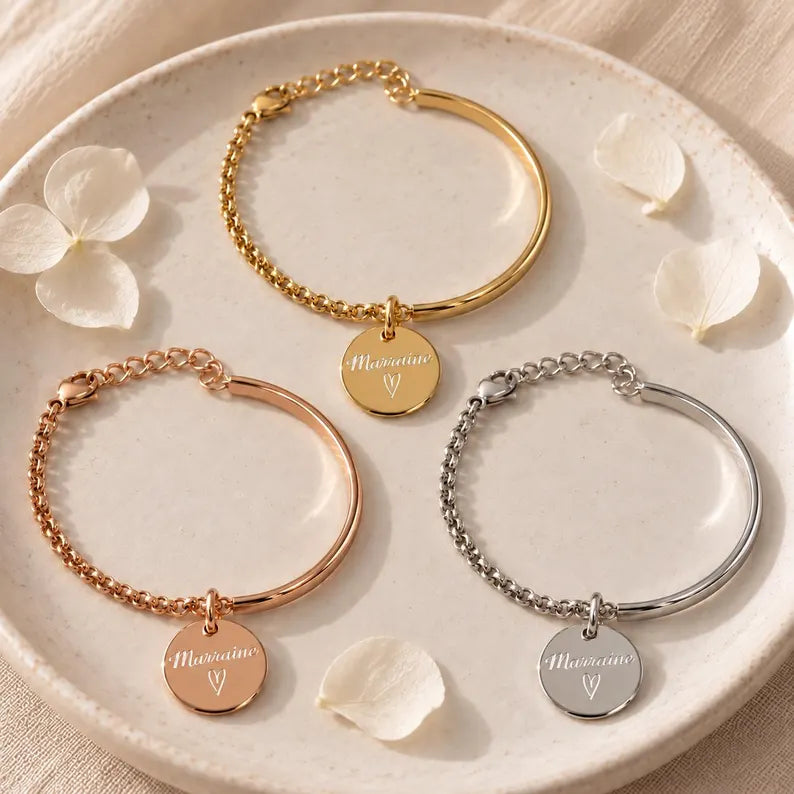 Bracelet demi jonc chaine médaille gravée personnalisé acier inoxydable