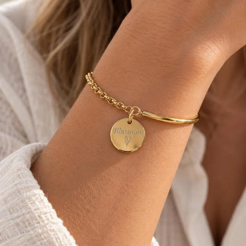 Bracelet demi jonc chaine médaille gravée personnalisé acier inoxydable