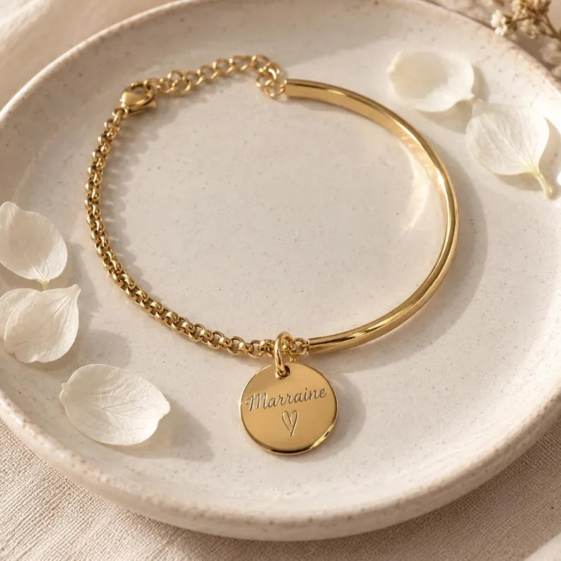 Bracelet demi jonc chaine médaille gravée personnalisé acier inoxydable