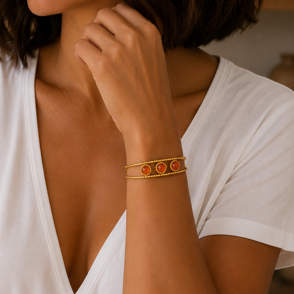 Bracelet jonc 2 rangs avec pierres Jade blanche, Lapis Lazuli, Onyx, Cornaline en acier inoxydable