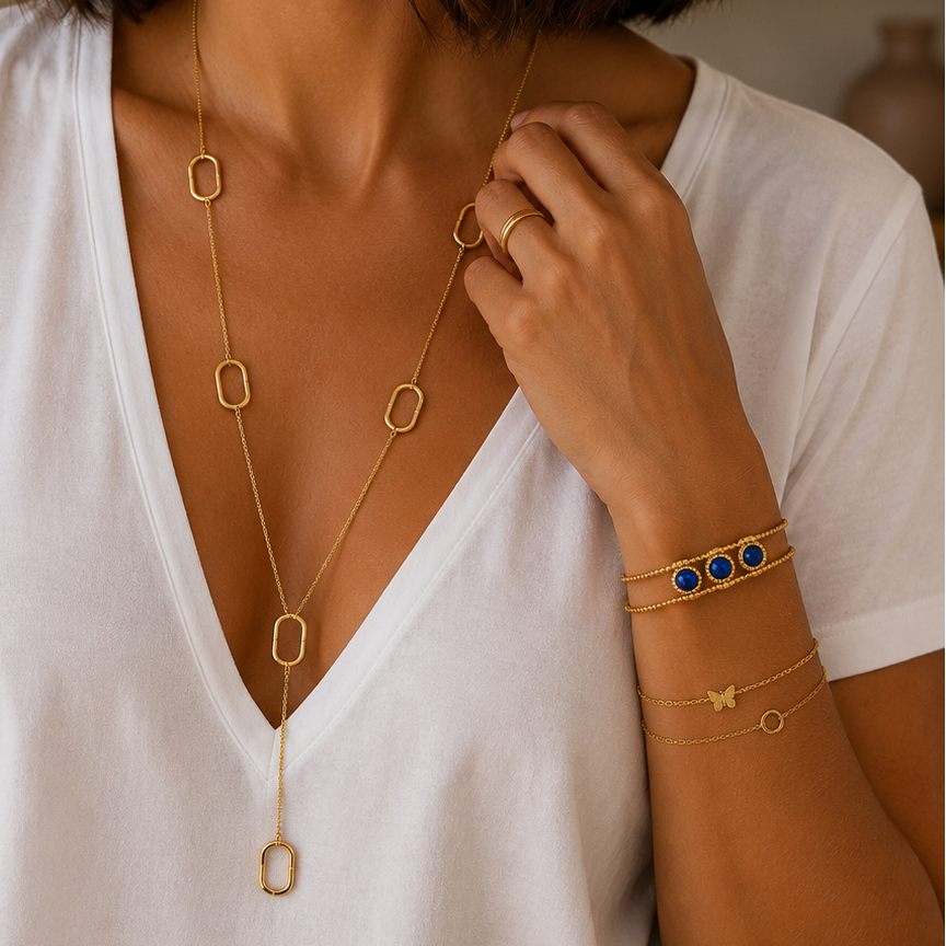 Bracelet jonc 2 rangs avec pierres Jade blanche, Lapis Lazuli, Onyx, Cornaline en acier inoxydable