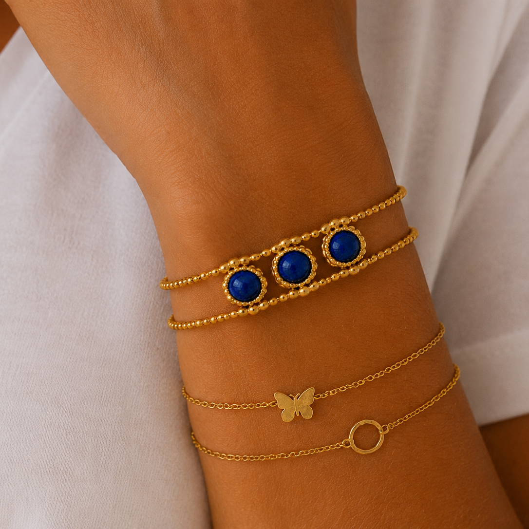 Bracelet jonc 2 rangs avec pierres Jade blanche, Lapis Lazuli, Onyx, Cornaline en acier inoxydable
