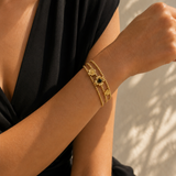 Bracelet jonc 3 rangs avec fleurs perle d'eau douce pierre naturelle ou onyx en acier inoxydable