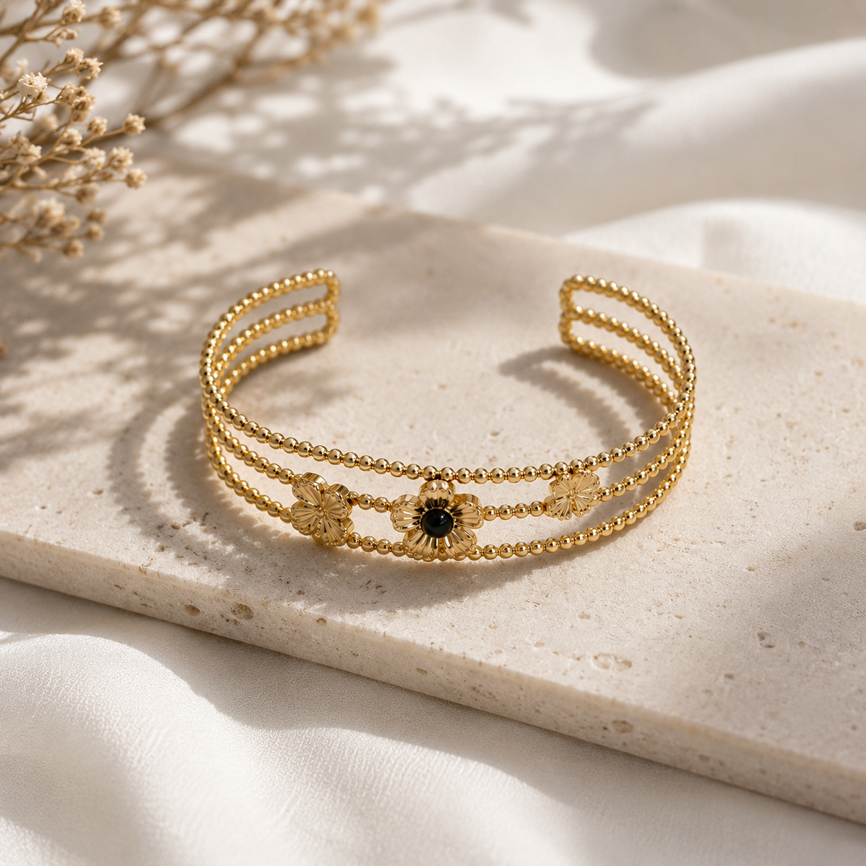 Bracelet jonc 3 rangs avec fleurs perle d'eau douce pierre naturelle ou onyx en acier inoxydable