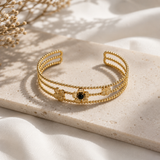 Bracelet jonc 3 rangs avec fleurs perle d'eau douce pierre naturelle ou onyx en acier inoxydable