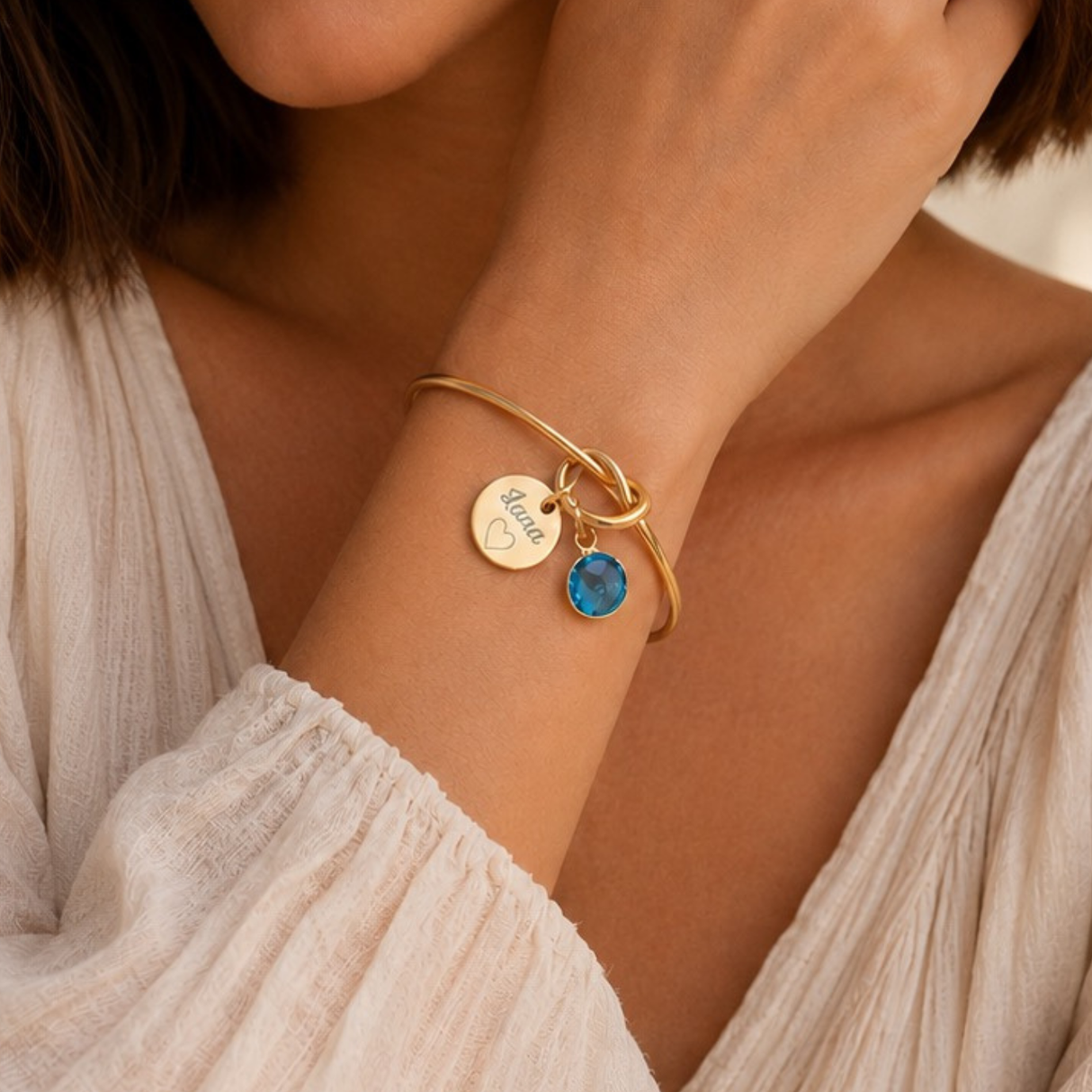 Bracelet jonc gravé personnalisé médaille pierre de naissance