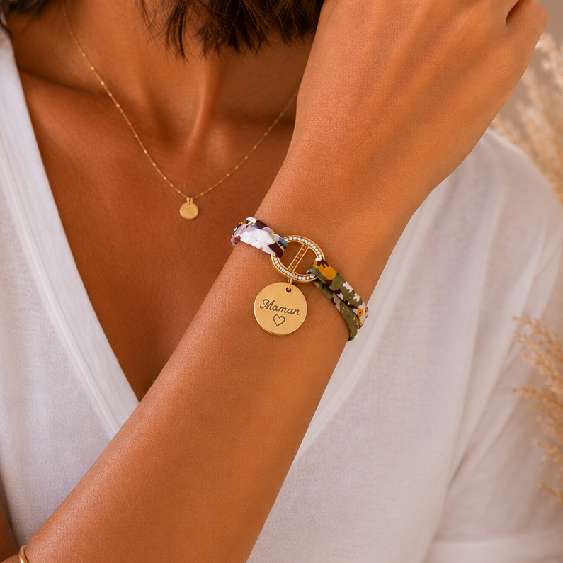 Bracelet liberty connecteur marine strass personnalisé médaille gravée