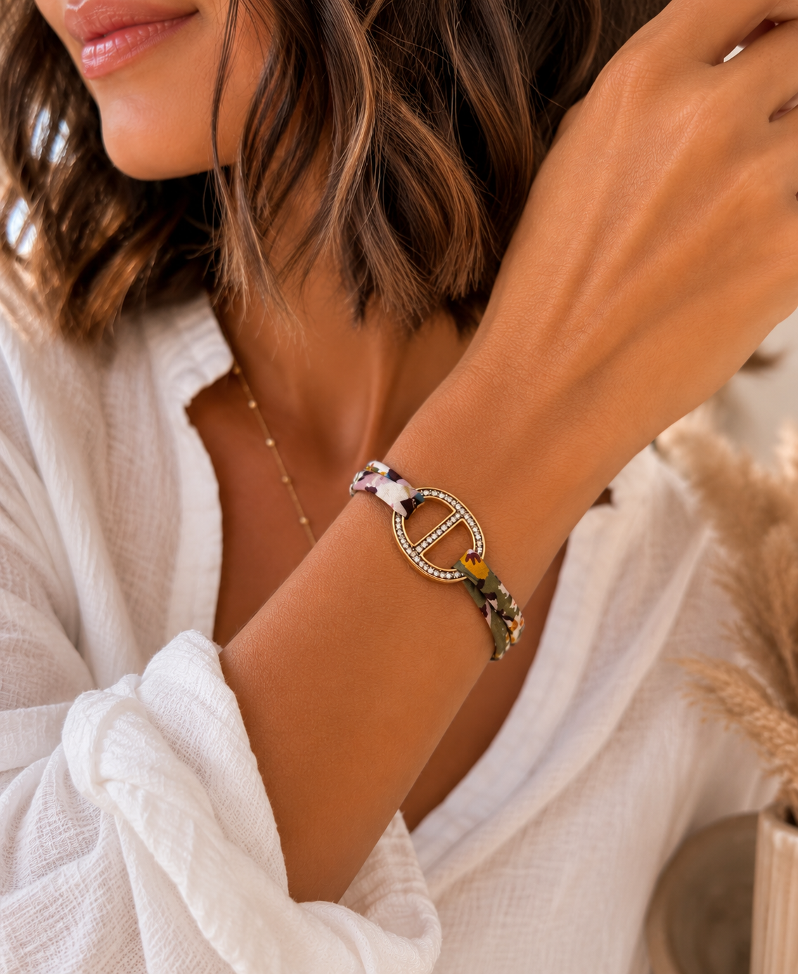 Bracelet liberty connecteur marine strass personnalisé médaille gravée