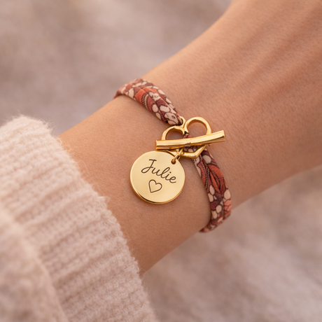 Bracelet liberty fermoir en T coeur personnalisé médaille gravée