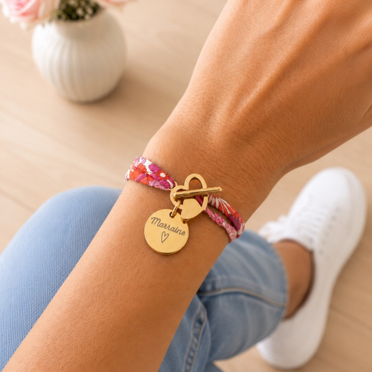 Bracelet liberty fermoir en T coeur personnalisé médaille gravée en acier inoxydable