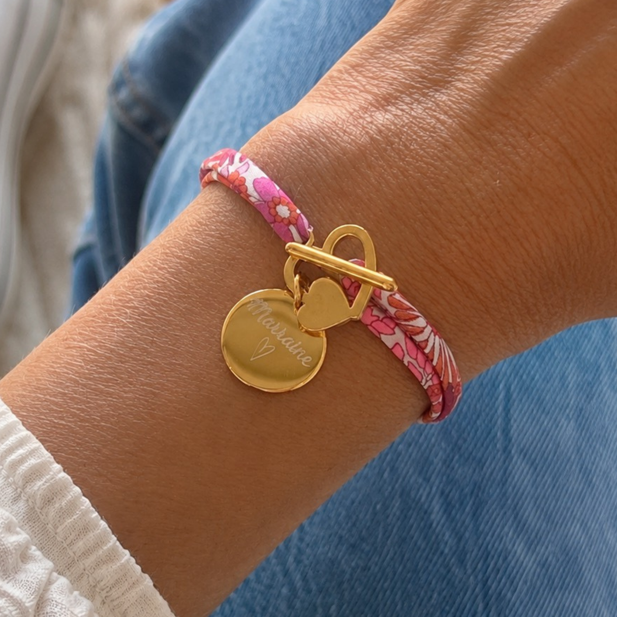 Bracelet liberty fermoir en T coeur personnalisé médaille gravée en acier inoxydable