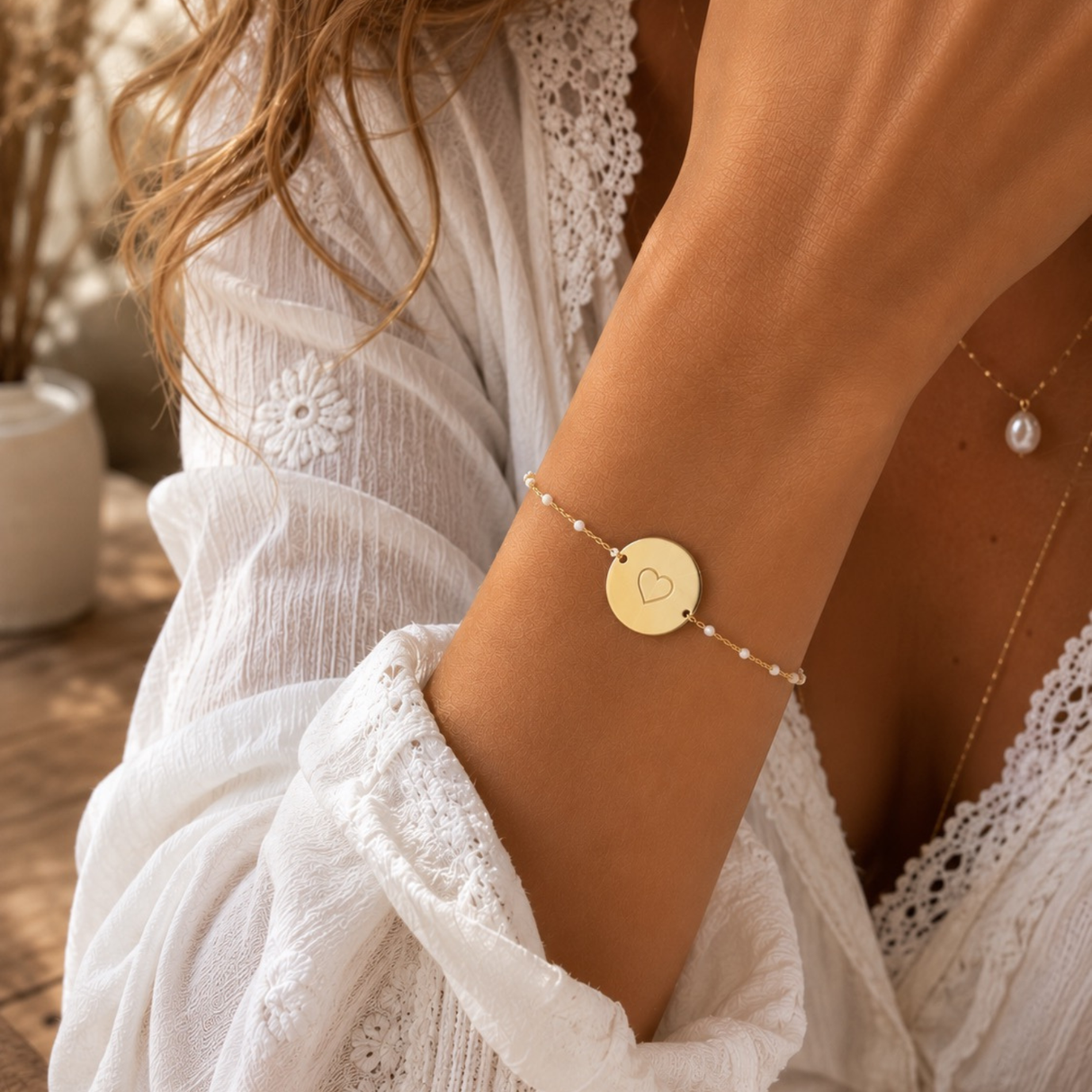 Bracelet personnalisé perles colorées médaille gravée acier inoxydable
