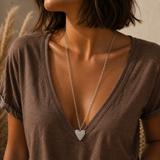 Sautoir collier coeur martelé en acier inoxydable