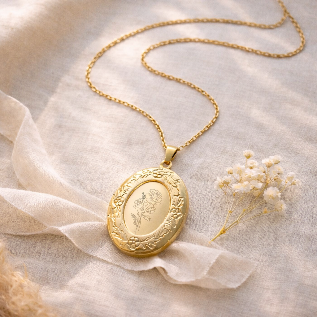 Collier photo personnalisé médaillon ovale motif fleur gravé acier inoxydable