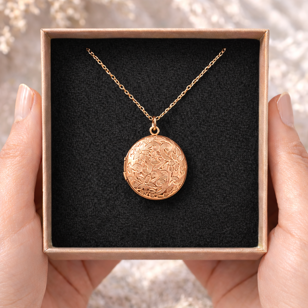 Collier photo personnalisé médaillon rond motif fleur gravé acier inoxydable