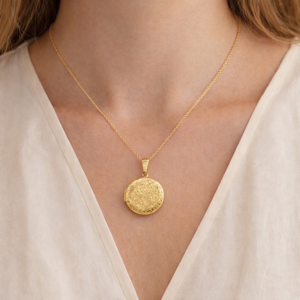 Collier photo personnalisé médaillon rond motif fleur gravé acier inoxydable