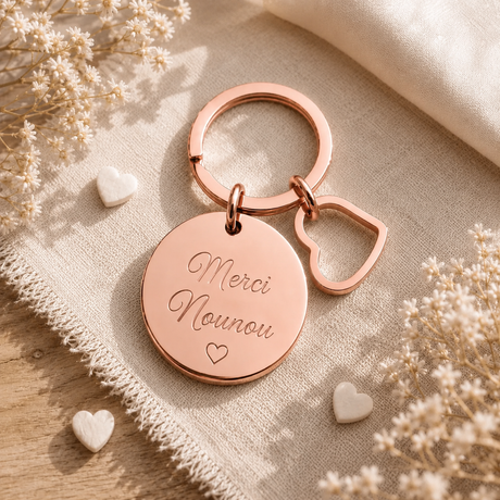 Porte-clés personnalisé médaille gravée coeur en acier inoxydable