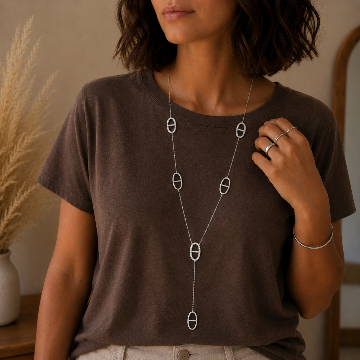 Sautoir collier Y long maille marine avec strass en acier inoxydable