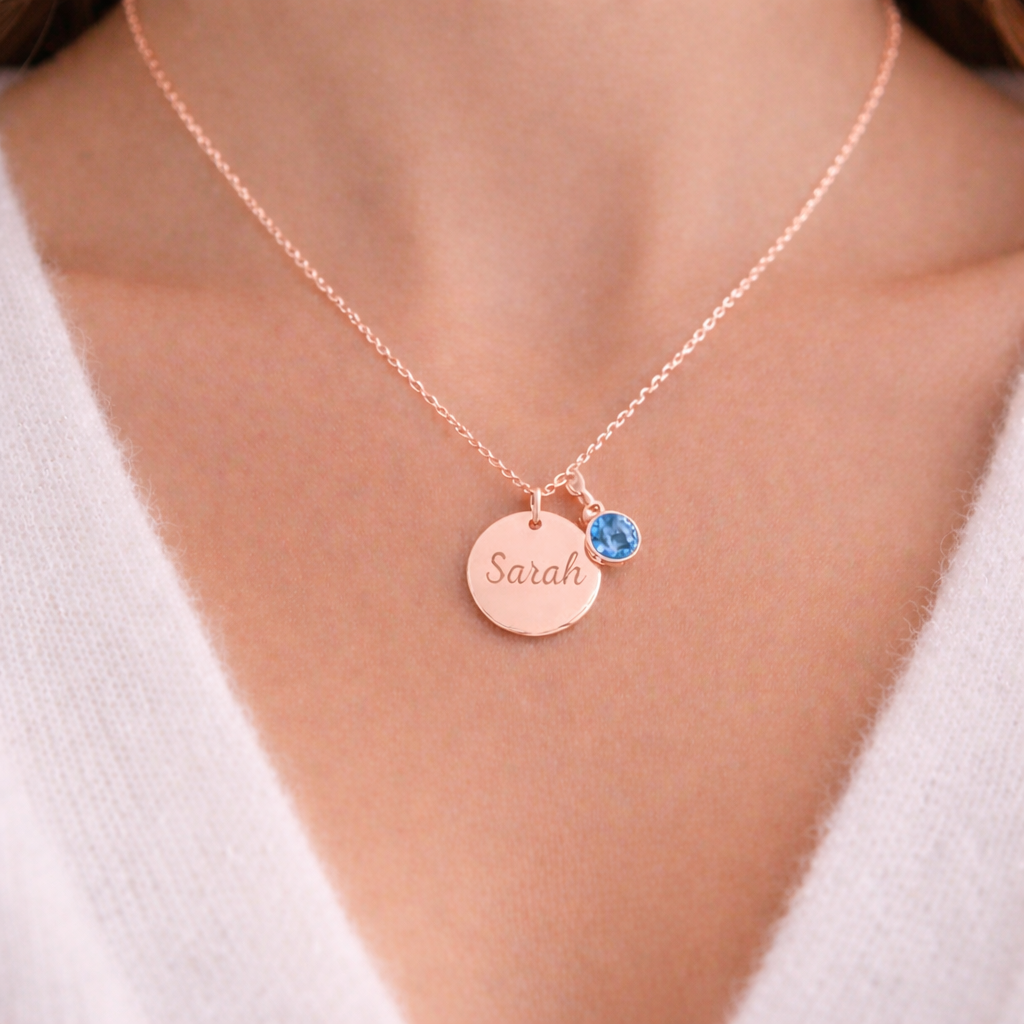 Collier personnalisé médaille ronde gravée pierre de naissance