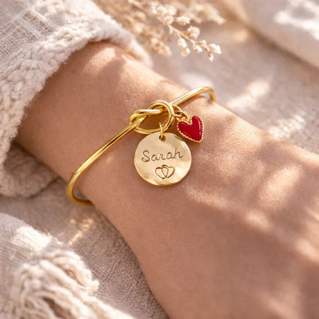 Bracelet jonc gravé personnalisé médaille 15mm breloque coeur Bracelet jonc gravé personnalisé médaille 15mm breloque coeur - Doré | Creabibenval
