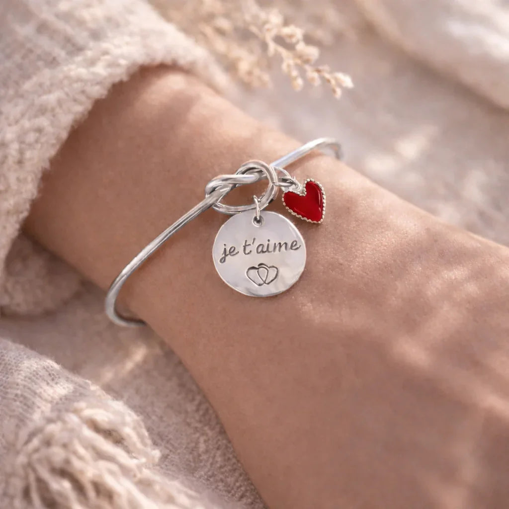 Bracelet jonc gravé personnalisé médaille 15mm breloque coeur Bracelet jonc gravé personnalisé médaille 15mm breloque coeur - Argenté | Creabibenval