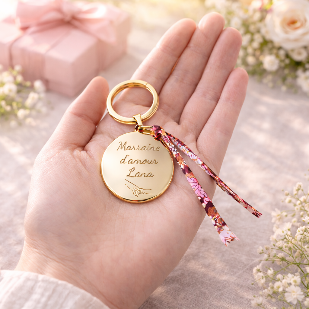Porte-clés personnalisé médaille gravée cordon liberty