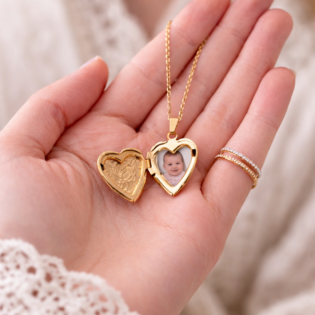 Collier photo personnalisé médaillon coeur motif fleur gravé acier inoxydable