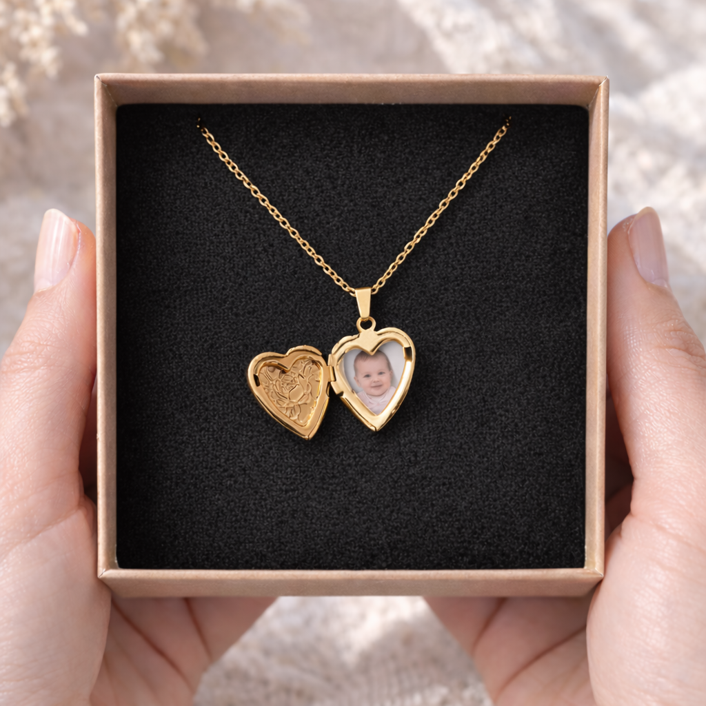 Collier photo personnalisé médaillon coeur motif fleur gravé acier inoxydable