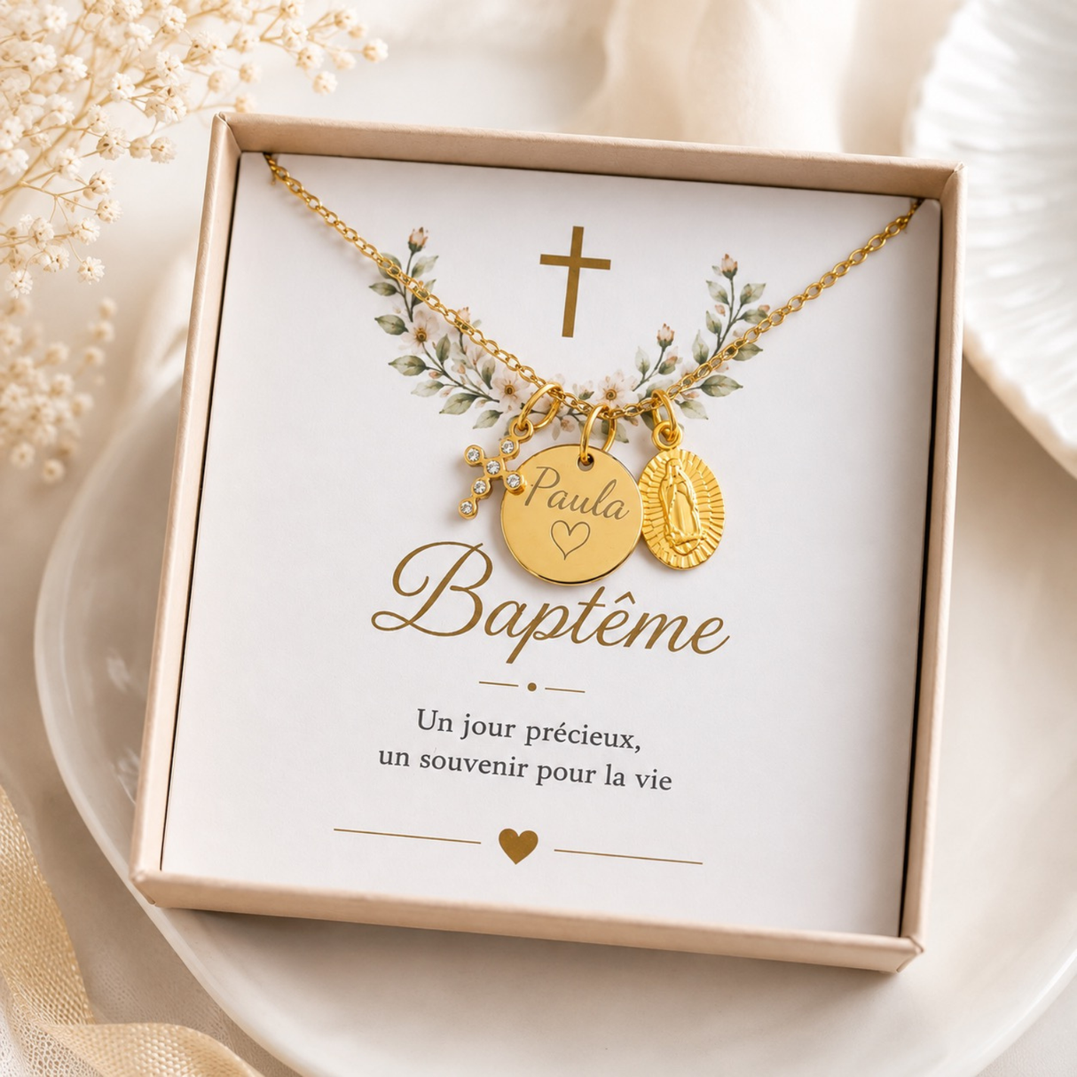 Collier Baptême personnalisé femme fille, médaille prénom, croix et Vierge Marie, cadeau baptême, acier inoxydable doré - argenté , coffret