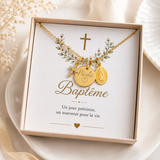 Collier Baptême personnalisé femme fille, médaille prénom, croix et Vierge Marie, cadeau baptême, acier inoxydable doré - argenté , coffret