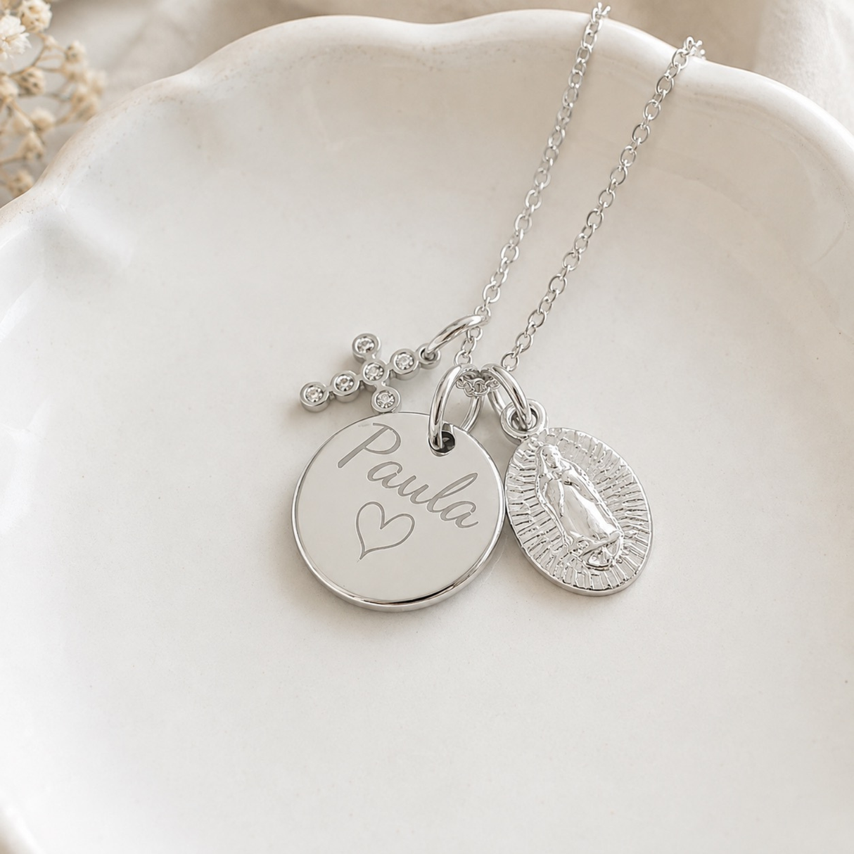 Collier Baptême personnalisé femme fille, médaille prénom, croix et Vierge Marie, cadeau baptême, acier inoxydable doré - argenté , coffret