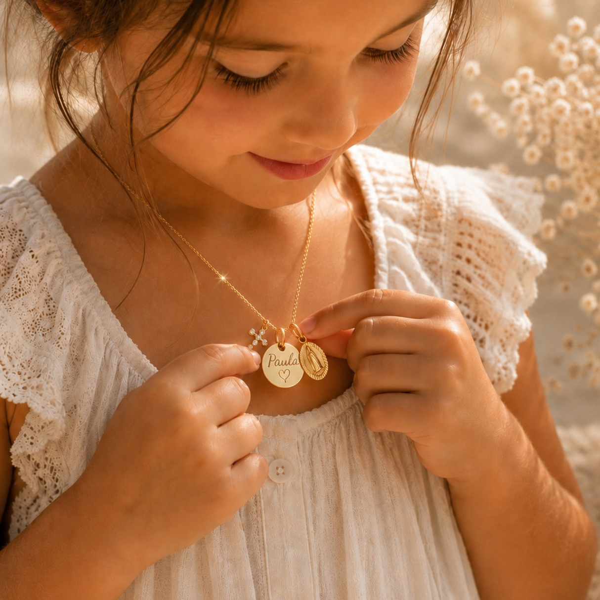Collier Baptême personnalisé femme fille, médaille prénom, croix et Vierge Marie, cadeau baptême, acier inoxydable doré - argenté , coffret