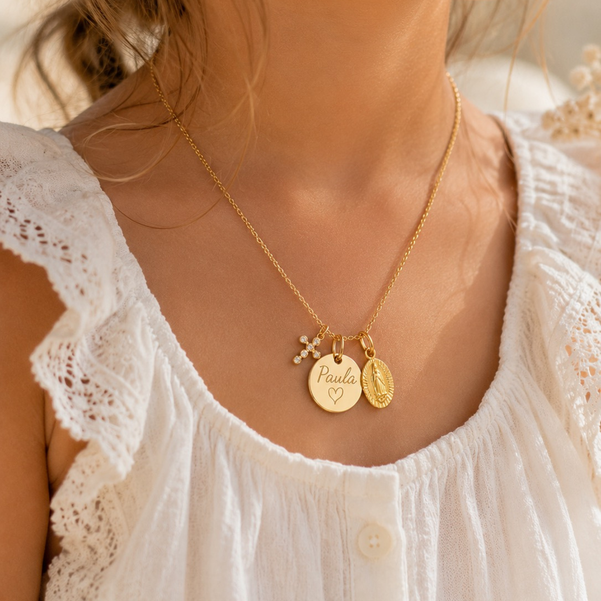 Collier personnalisé médaille gravé Baptême  croix et Vierge Marie, cadeau baptême, acier inoxydable doré - argenté , coffret