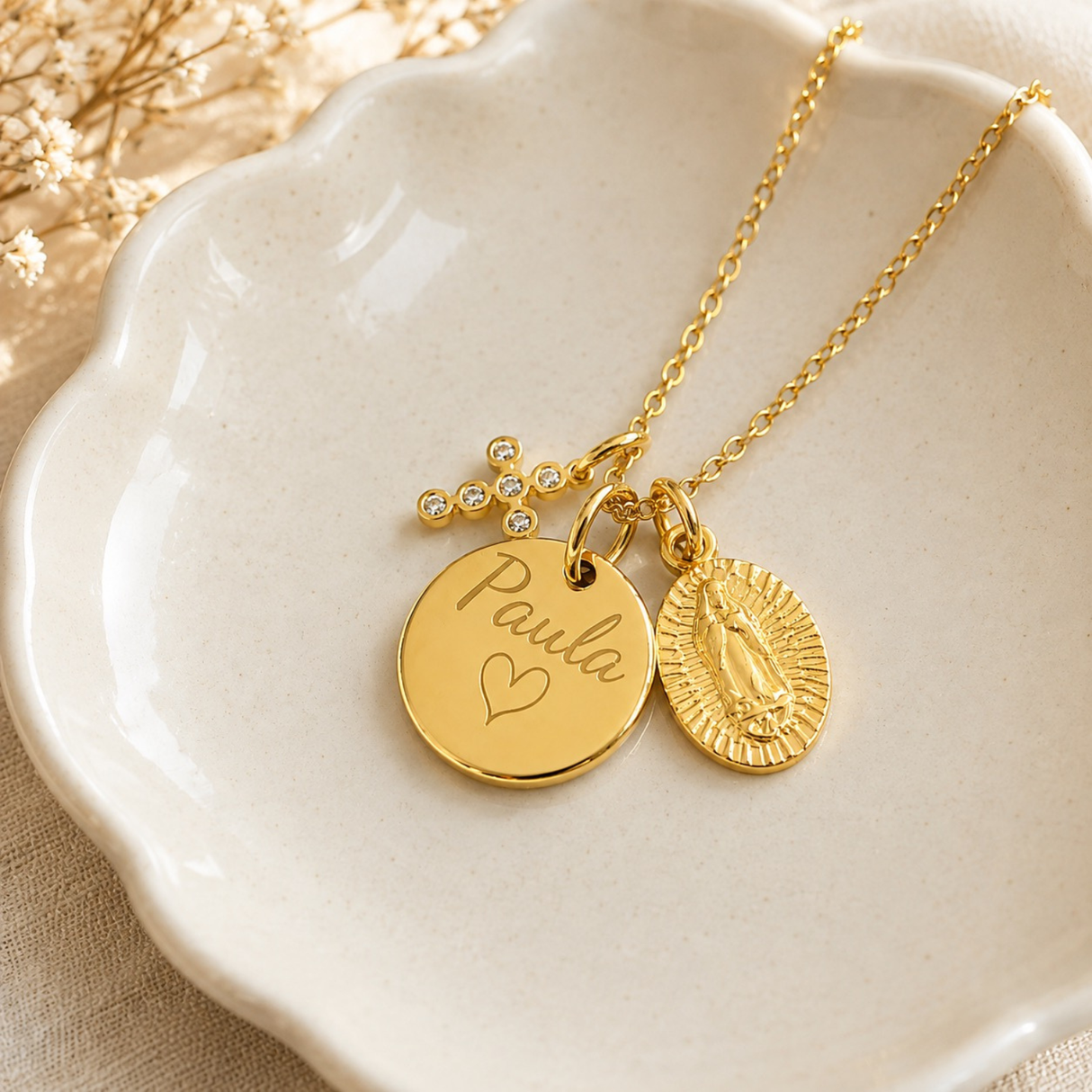 Collier Baptême personnalisé femme fille, médaille prénom, croix et Vierge Marie, cadeau baptême, acier inoxydable doré - argenté , coffret