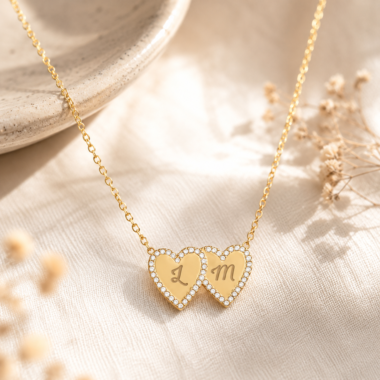 Collier Cœurs strass Personnalisé en Acier Inoxydable Initiales Gravées 