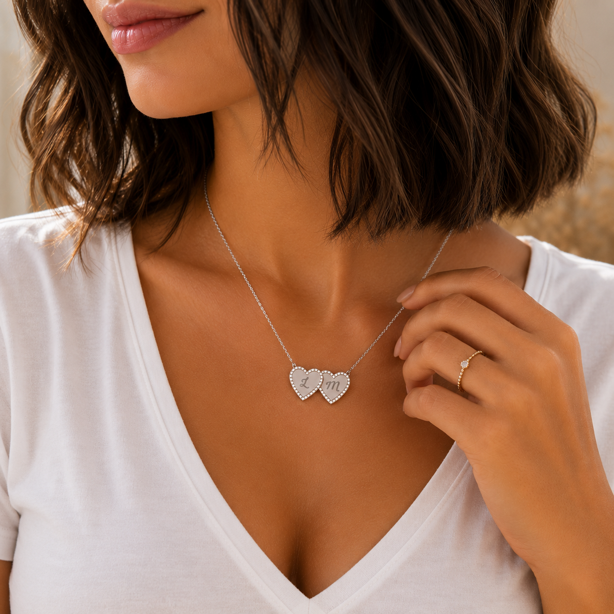 Collier Cœurs strass Personnalisé en Acier Inoxydable Initiales Gravées 