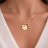 Collier Personnalisé médaille ronde Gravée Croix – Cadeau Baptême, Naissance, Communion