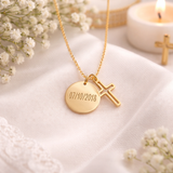 Collier Personnalisé médaille ronde Gravée Croix – Cadeau Baptême, Naissance, Communion