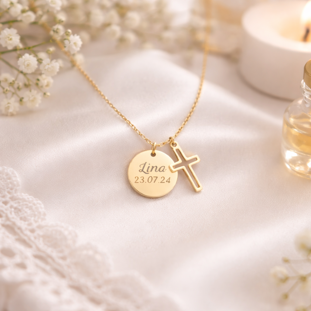 Collier Personnalisé médaille ronde Gravée Croix – Cadeau Baptême, Naissance, Communion