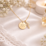 Collier Personnalisé médaille ronde Gravée Croix – Cadeau Baptême, Naissance, Communion