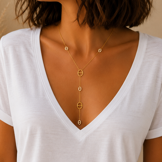 Collier Y maille marine avec strass en acier inoxydable