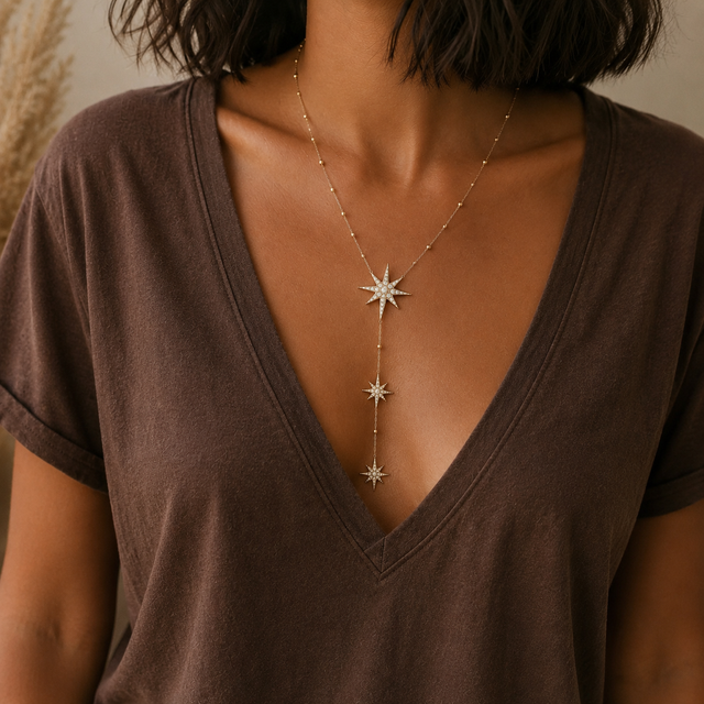 Collier Y étoile strass en zircon acier inoxydable