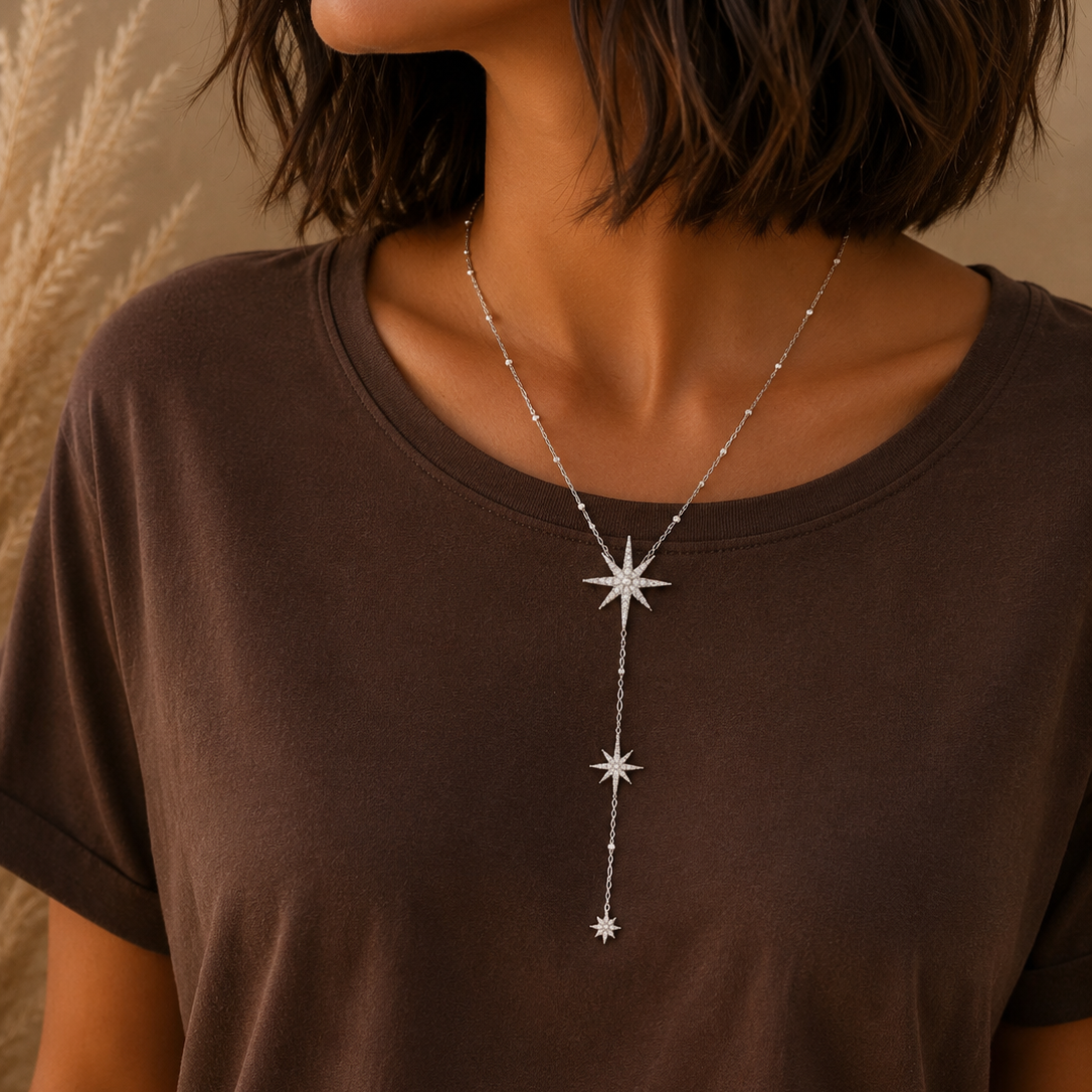 Collier Y étoile strass en zircon acier inoxydable