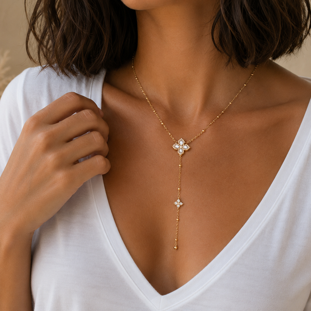 Collier Y trèfle strass en acier inoxydable