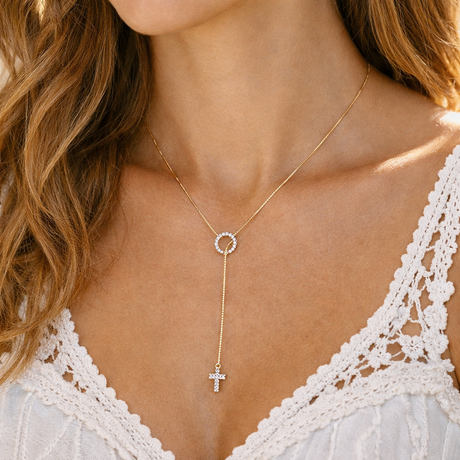 Collier croix ajustable cercle avec strass en acier inoxydable