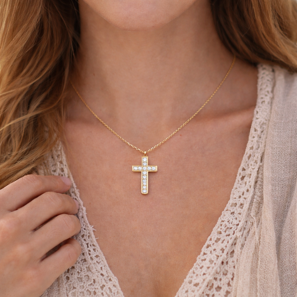 Collier croix avec strass en acier inoxydable