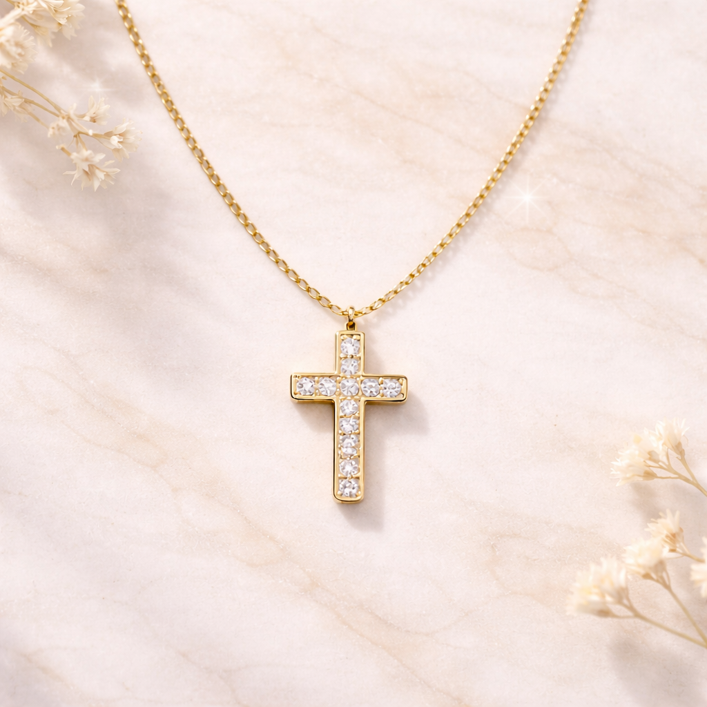 Collier croix avec strass en acier inoxydable
